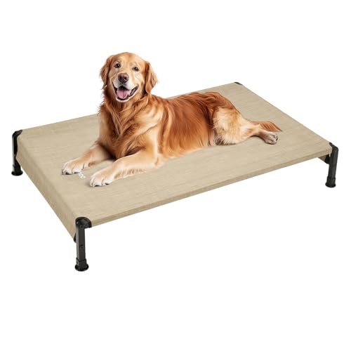 Veehoo Cooling Outdoor Dog Bed, Heavy Duty Elevated Pet Bed with Washable & Breathable Teslin Mesh, Non-Slip Silicon Feet, Dog Cot Bed with Support Hem, 47" x 29", Beige Coffee, CWC2433