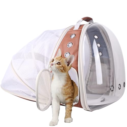 halinfer Back Expandable Cat Backpack Carrier, PU Leather Fit up to 12 lbs, Space Capsule Bubble Window Pet Carrier for Bunny Small Puppy, Backpack for Kitten