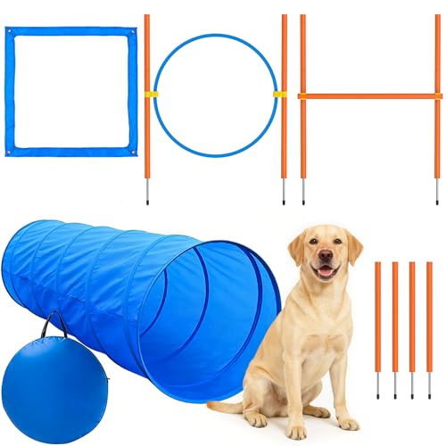 XiaZ Dog Agility Course Backyard Set, Dog Obstacle Course Training Starter Kit Pet Outdoor Game with Tunnel, Agility Hurdle, Weave Poles, Jump Ring, Pause Box, Collapsible Dog Bowls and Storage Bag