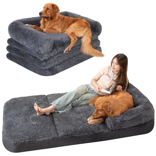 Foldable Human Dog Sofa Bed, 73x42x10 in Faux Fur Orthopedic Pet Bed with Egg Foam Mattress, Portable Dog Bed for Adults, Camping Indoor Use