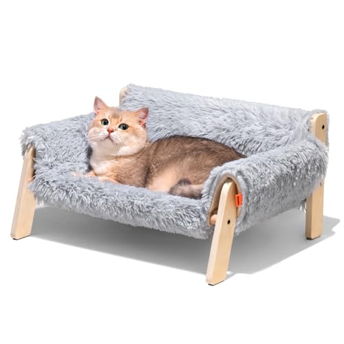 MEWOOFUN Cat Couch Bed, Pet Sofa for Indoor Cats Wooden Indoor Elevated Cat Beds with Removable Mattress Cover Suitable for Kitty, Puppy or Small Animal (Grey, Medium)