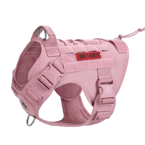 OneTigris Tactical Dog Harness Vest,No-Pull Service Dog Vest with Hook & Loop Panels,Adjustable Dog Vest Harness for Walking Hiking Training(Pink,L)