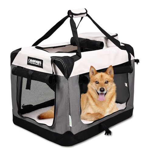 JESPET Soft Dog Crates Kennel for Pets, 3 Door Soft Sided Folding Travel Pet Carrier with Straps and Fleece Mat for Dogs, Cats(7-Light Grey, Large(30" L x 21" W x 23" H))