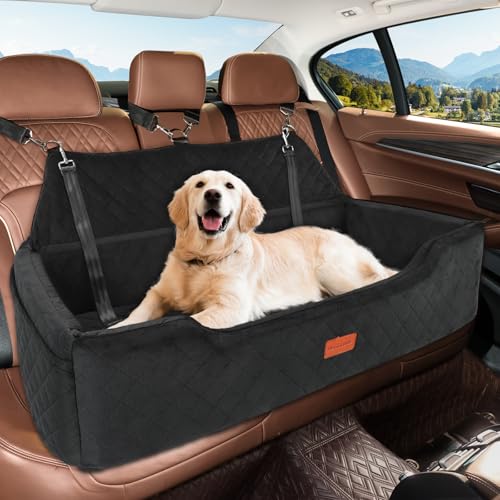 Large Dog Car Seat Under 100 lbs, Washable Dog Car Bed for 2 Medium Dogs, Detachable Pet Booster Seat with Storage Pocket and Seat Belt for Back Seat Dog Travel Bed