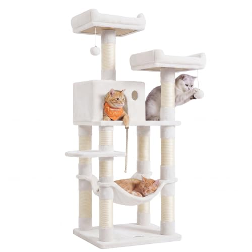 Feandrea Cat Tree, 56.3-Inch Cat Tower for Indoor Cats, Multi-Level Cat Condo with 11 Scratching Posts, 2 Perches, Cave, Hammock, Cream White UPCT015W02
