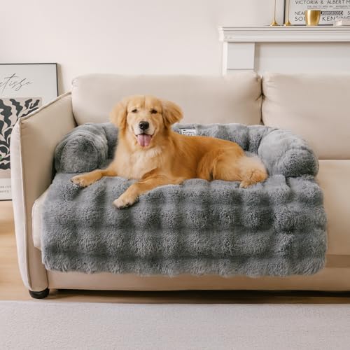 FUNNY FUZZY Pet Fluffy Fuzzy Calming Dog Couch Bed Sofa Protector Washable Pets Mat for Large Medium Small Dogs and Cats (Grey,37.4  33.46  6.3 in)
