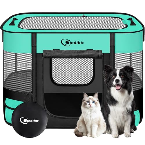 Dog Cat Playpen, Pet Puppy Portable Playpens for Outdoor Travel Crate, Indoor After Surgery Use, Foldable Dog Kennel Tent for Rabbit or Small Animals and Tent Stakes(Green, Middle)