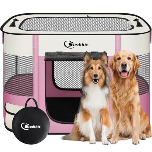 Dog Cat Playpen, Pet Puppy Portable Playpens for Dogs Indoor Outdoor Travel Crate,Foldable Dog Kennel Tent for Rabbit or Small Animals and Tent Stakes (Pink, Large)