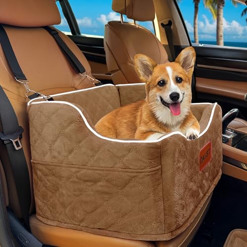 Dog Car Seat for Small Medium Dogs, Detachable Washable Dogs Booster Seat Under 35lbs, Elevated Dog Car Bed with Storage Pockets (Khaki, One Size)