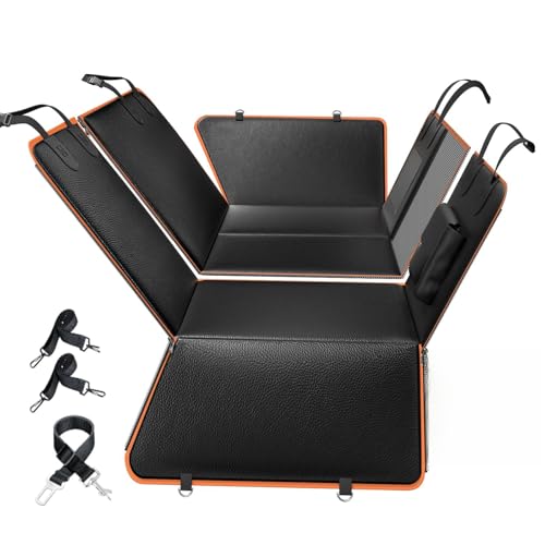 6-in-1 Leather Dog BackSeat Extender, Hard Bottom 40/60 Split Waterproof Car Back/Front Seat Cover, Rear Hammock Carseat Protector, Large Size Pet Mat for SUV/Truck/Cargo, Vehicle Bed Travel Accessory