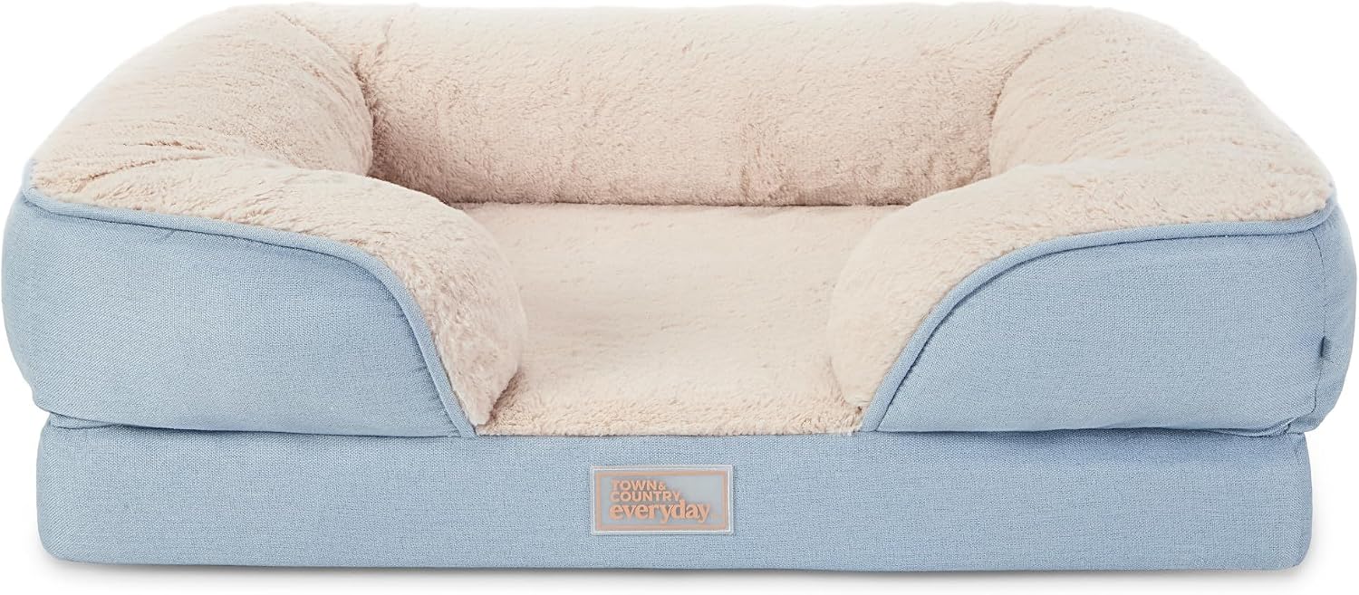TOWN & COUNTRY EVERYDAY CuddleTown Comfy Solid Bolster Sofa Pet Bed, Supportive & Calming Egg Crate Foam, Non-Slip Bottom, Machine Washable Cover, Blue, Medium 28"x23"x8"