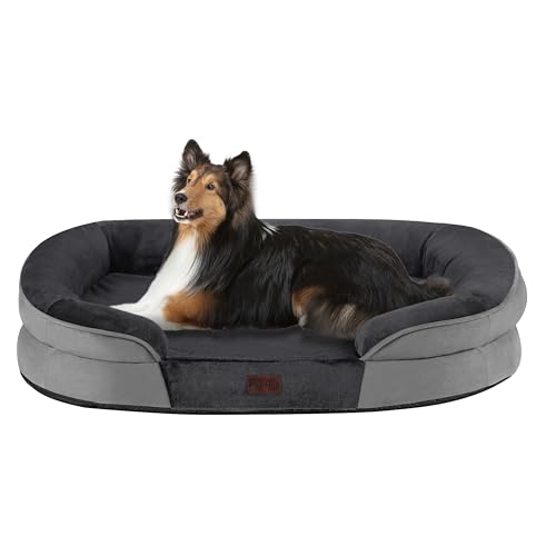 Dwanton Orthopedic Dog Bed for Large Dogs with Gel Memory Foam, Waterproof Dog Sofa, Washable Pet Bed with Four Sided Bolster Cushion, Removable Cover & Non-Slip Bottom, 38", Dark Gray