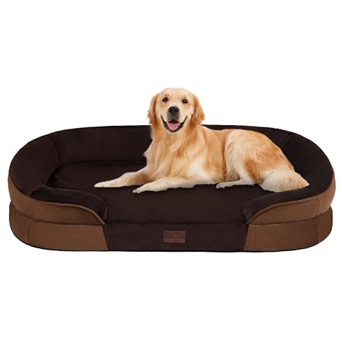 Dwanton Orthopedic Dog Bed for Large Dogs with Gel Memory Foam, Waterproof Dog Sofa, Washable Pet Bed with Four Sided Bolster Cushion, Removable Cover & Non-Slip Bottom, 42", Brown