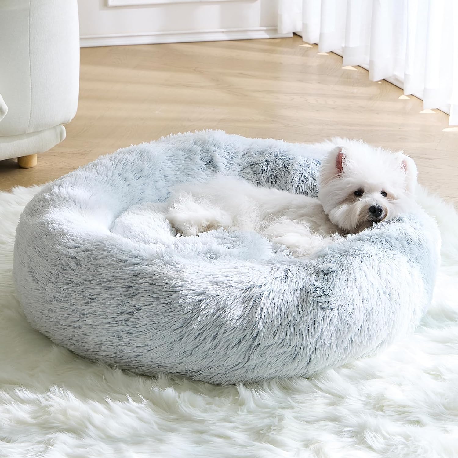Calming Small Dog Bed, Donut Fluffy Anti-Anxiety Round Washable Cute Bed, Plush Cozy Cuddler Warming Soft Comfort Pet Bed for Small Medium Dogs Cats, 28inch,Light Grey White