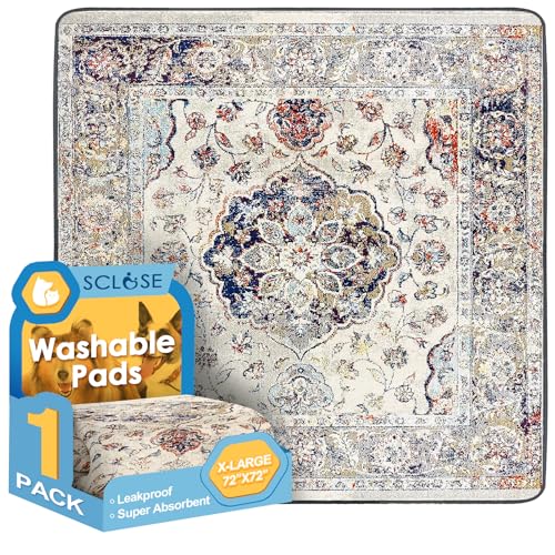 Washable Pee Pad for Dogs Extra Large, 72" x 72" Reusable Puppy Pads Waterproof Dog Rugs, Super Absorbent, Leakproof, Dog Crate Pad, Playpen Mat, Whelping Pads, Vintage Medallion