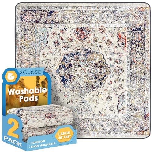 Washable Pee Pads for Dogs Large 2 Pack, 48" x 48" Reusable Puppy Pads Waterproof Dog Rugs, Super Absorbent, Leakproof, Dog Crate Pad, Playpen Mat, Whelping Pads, Vintage Medallion
