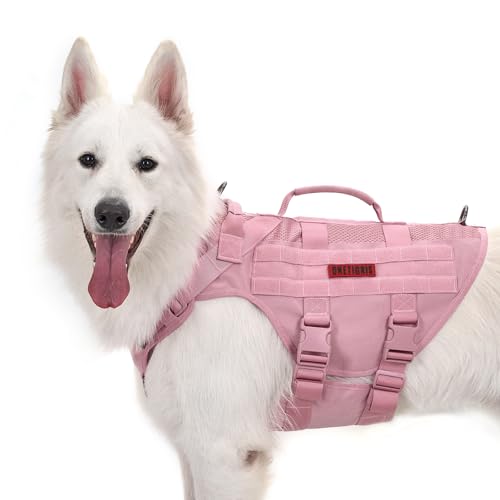 OneTigris Tactical Dog Harness for Small Dogs, No Pull Small Dog Vest Harness with Handles Breathable Military Dogs Molle Vests, Walking Hiking Training (Pink, X-Large)