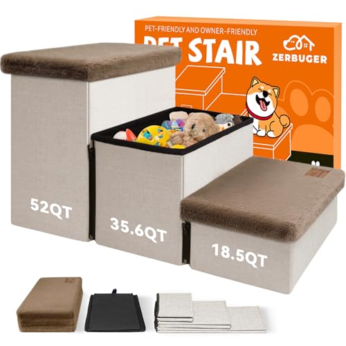 Dog Stairs with Furry Lids 18" H, 3-Step Wider Dog Steps with Storage for Small/Medium/Large Old Dogs Cats, Folding Sturdy Pet Stairs Climbing Bed Couch, Ramp for Car Up to 200 lbs, Khaki