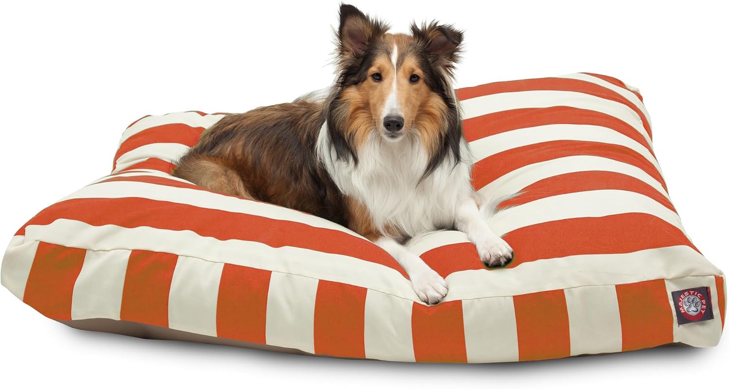 Majestic Pet Shredded Memory Foam Dog Bed Large with Removable Washable Cover 44x36x5 Inch - Rectangle Orthopedic Dog Bed for Senior DogsFlat Durable Dogs Crate Bed - Vertical Stripe - Burnt Orange