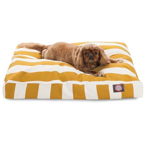 Majestic Pet Shredded Memory Foam Dog Bed Medium with Removable Washable Cover 35x29x4 Inch - Rectangle Orthopedic Dog Bed for Senior DogsFlat Durable Dogs Crate Bed - Vertical Stripe - Yellow