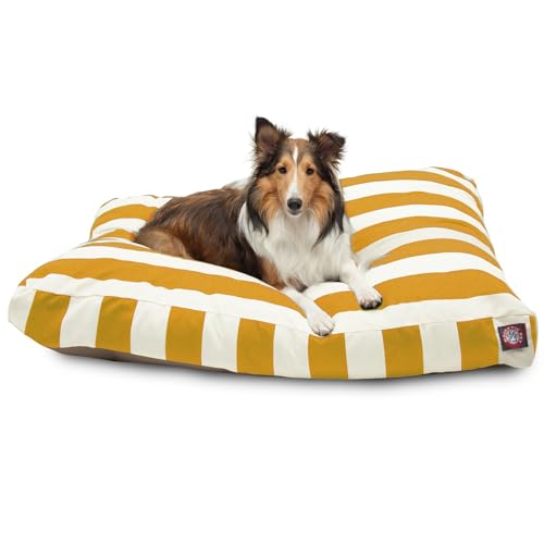 Majestic Pet Shredded Memory Foam Dog Bed Large with Removable Washable Cover 44x36x5 Inch - Rectangle Orthopedic Dog Bed for Senior DogsFlat Durable Dogs Crate Bed - Vertical Stripe - Yellow