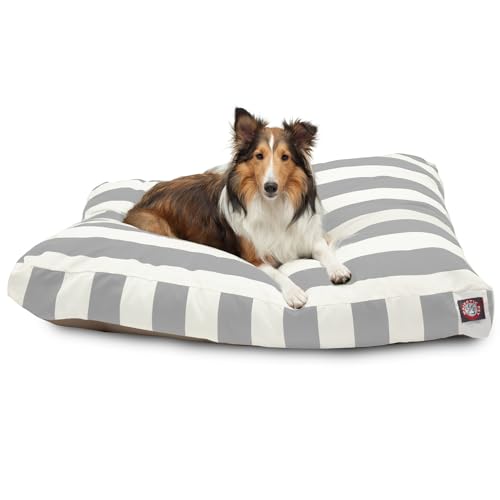 Majestic Pet Shredded Memory Foam Dog Bed Large with Removable Washable Cover 44x36x5 Inch - Rectangle Orthopedic Dog Bed for Senior DogsFlat Durable Dogs Crate Bed - Vertical Stripe - Gray