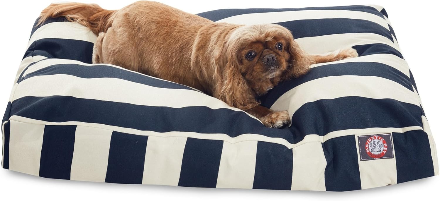 Majestic Pet Shredded Memory Foam Dog Bed Medium with Removable Washable Cover 35x29x4 Inch - Rectangle Orthopedic Dog Bed for Senior DogsFlat Durable Dogs Crate Bed - Vertical Stripe - Navy Blue