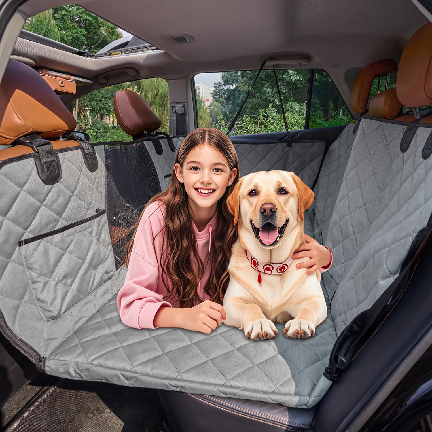 Tough 1200D Rip-Stop Dog Car Seat Cover, Durable, Hair-Resistant,Removable,Breathable and Waterproof Hard Bottom Back Seat Extender for Dogs,Dog Hammock for Car SUV Truck