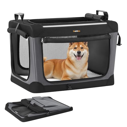 Feandrea Collapsible Dog Crate, 30-Inch Portable Dog Travel Crate for Medium Dogs, Oxford Fabric Pet Carrier with 4 Mesh Doors, Handles, Storage Pocket, Water Bottle Holder, Ink Black UPDC017B01