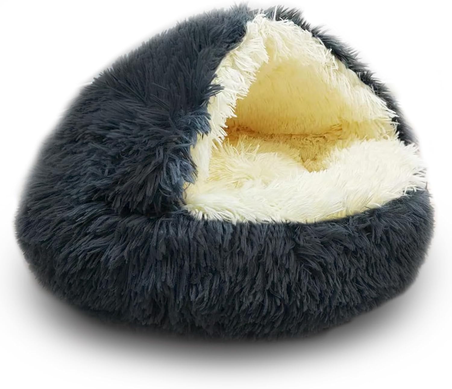 ShinHye Cat Bed Round Plush Fluffy Hooded Cat Bed Cave, Cozy for Indoor Cats or Small Dog beds, Soothing Pet Beds Doughnut Calm Anti-nxiety Dog Bed - Waterproof Bottom Washable (2323inch, Dark Grey)