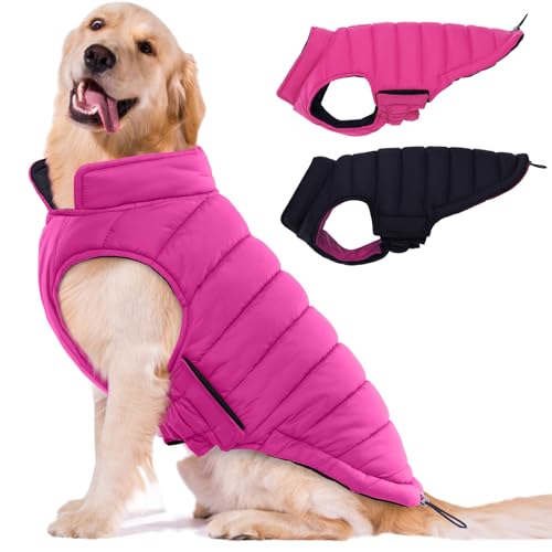 Lelepet Reversible Dog Coat Waterproof Dog Jacket Windproof Puffer Vest for Winter Warm Lightweight Coats for Large Dogs Adjustbale Hook & Loop Pet Apparel with Leash Hole, Pitbull, Rose Red, XL