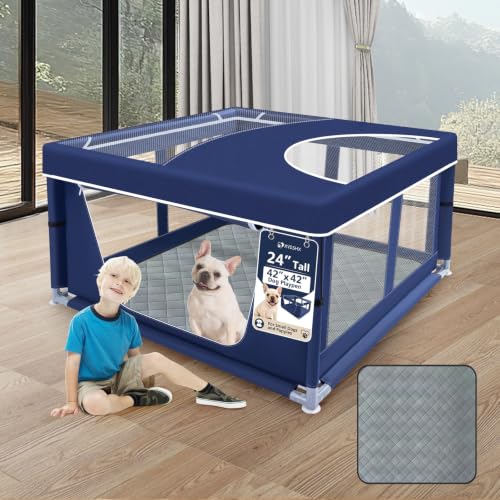 42x42 Inches Puppy Playpen with Cover&Dog Pads, Dog Playpen for Puppies or Small Dogs, Pet Playpen for Indoor & Outdoor, Sturdy Safety Dog Pen with Thickened Fabric