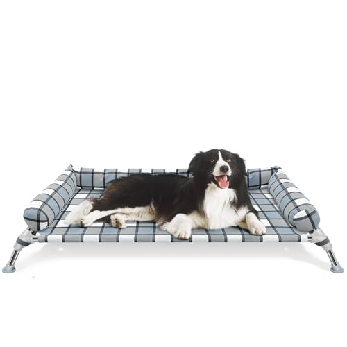 Elevated Raised Dog Bed Cot - Cooling Raised Dog Bed with Bolster Portable Washable Pet Hammock with Pillows & Metal Frame for Indoor & Outdoor, Large