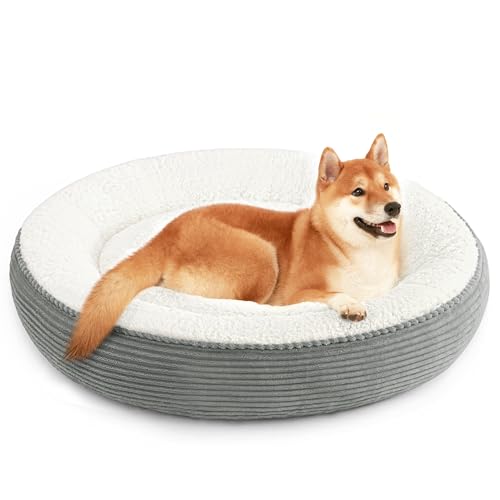Love's cabin Round Donut Cat and Dog Cushion Bed, 36in Pet Bed for Cats or Small Dogs, Anti-Slip Water-Resistant Bottom, Super Soft Durable Fabric Pet beds, Washable Cat Dog Bed Stripe Grey