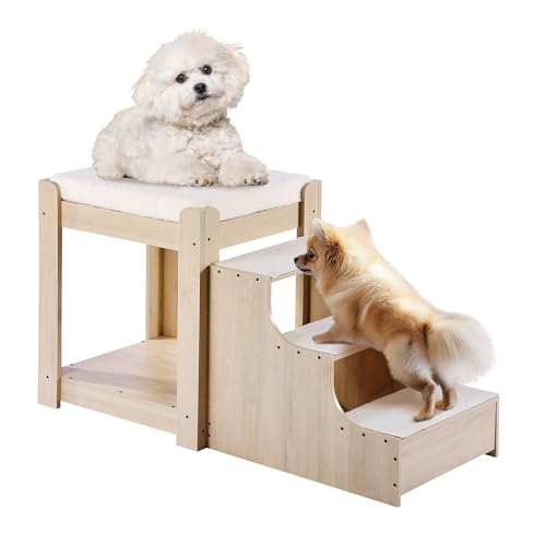 VEVOR Pet Bunk Bed with Stairs, Dog/Cat Window Perch, Multi-Level Bed Window Perch Dog Bedside Sleeper, Lounge Elevated Seat Platform with Foam Cushion,Pet Bed Couch for Bedside Indoor Use (Beige)