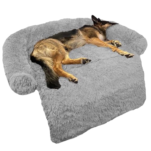 GGIB Calming Dog Bed Fluffy Plush Dog Mat for Furniture Protector with Removable Washable Cover for Large Medium Small Dogs and Cats (Large, Grey)