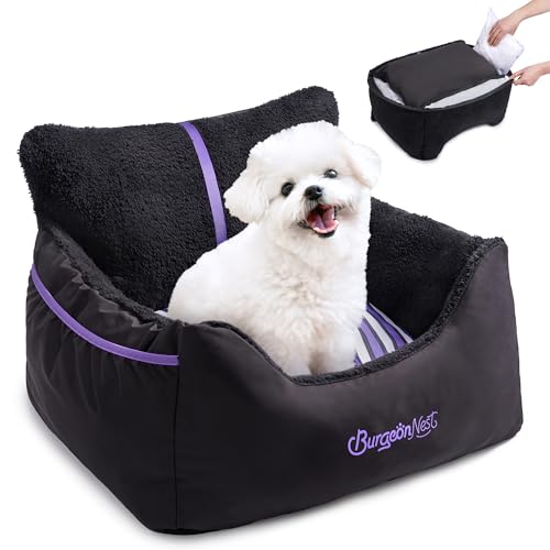 BurgeonNest Dog Car Seat for Small Dogs, Detachable and Washable Cat Carseats Under 25 lbs, Soft Pet Booster Seats with Storage Pockets and Clip-On Leash Portable Car Travel Carrier Bed, Black Purple