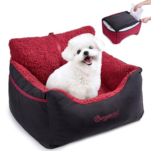 BurgeonNest Dog Car Seat for Small Dogs, Detachable and Washable Cat Carseats Under 25 lbs, Soft Pet Booster Seats with Storage Pockets and Clip-On Leash Portable Car Travel Carrier Bed, Black red