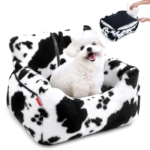 BurgeonNest Dog Car Seat for Small Dogs, Detachable and Washable Cat Carseats Under 25 lbs, Soft Pet Booster Seats with Storage Pockets and Clip-On Leash Portable Car Travel Carrier Bed, Milk Cow