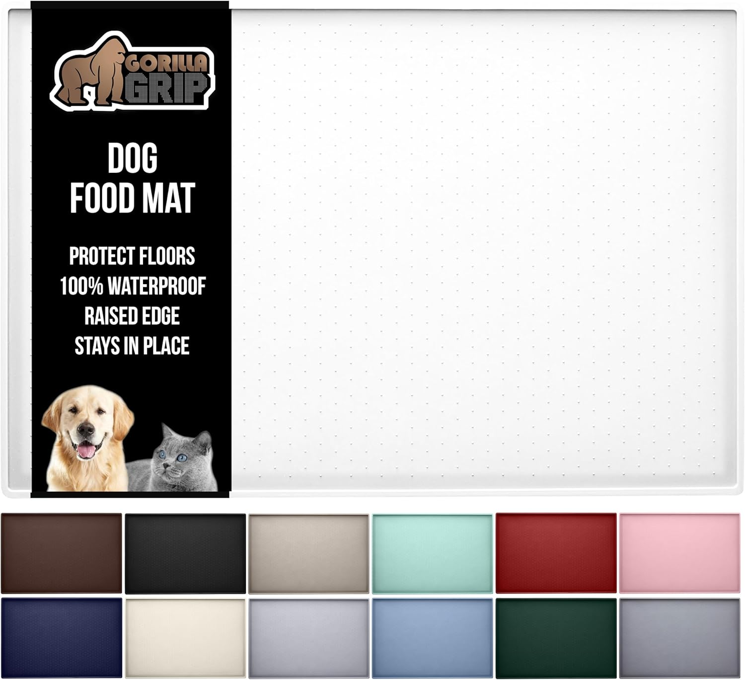 GORILLA GRIP 100% Waterproof Raised Edge BPA Free Silicone Pet Feeding Mat, Dog Cat Food Mats Contain Spills Protects Floors, Placemats for Cats and Dogs Water Bowl, Pets Accessories 32x24 White
