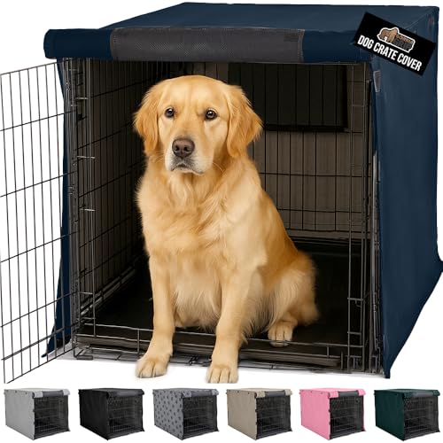 GORILLA GRIP Dog Crate Covers Compatible with Amazon Basics Dog Crates, All Sides Open, Privacy Cover Fits 42" Wire Kennel, Breathable Mesh Windows, Light Reducing Puppy Training Cage Topper, Navy