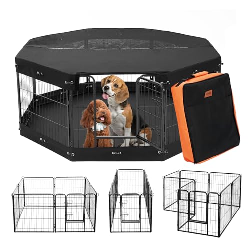 VEVOR Foldable Dog Playpen, 8-Panel Metal Pet Exercise Pen, 24"x24" Dog Fence with Door, Storage Bag, Top Cover, and Bottom Pad for Indoor and Outdoor Use - Ideal for Dogs, Cats, and Small Animals