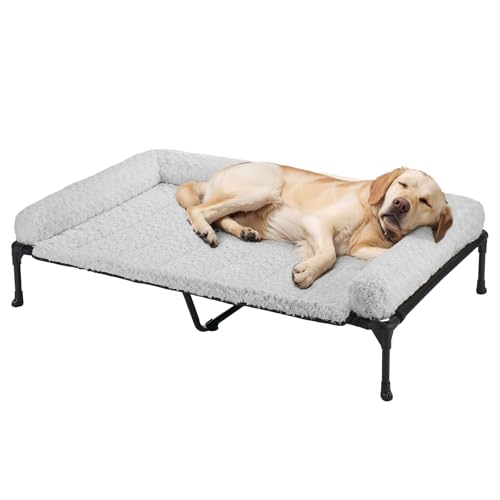 Veehoo Cooling Elevated Dog Bed Add Removable Deluxe Rose Plush Bolster Cushion Mat, 47" x 29" Washable Dog Couch Bed, Raised Pet Cot with Breathable Teslin Mesh, No-Slip Feet, Grey, CWC2439B