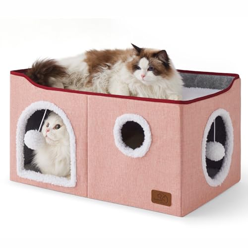 Bedsure Large Cat Beds for Indoor Cats - Extra Wide Cat Cube House for Small Pet with Fluffy Ball Hanging and Scratch Pad, Foldable Pet Cave Hideaway for Multiple Cats, 23.6x16.9x13 inches,Pink