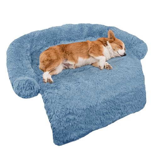 GGIB Calming Dog Bed Fluffy Plush Dog Mat for Furniture Protector with Removable Washable Cover for Large Medium Small Dogs and Cats (Medium, Navy)