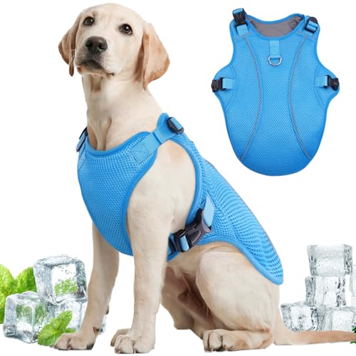 Kuoser Dog Cooling Vest for Large Dogs, Lightweight Doggie Cooler Jacket Breathable Mesh Pet Cooling Shirts Reflective Puppy Cool Harness for Beach, Hiking, Walking Blue XXL
