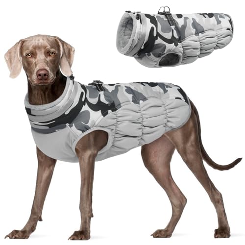 FUAMEY Dog Coat for Large Dogs,Waterproof Dog Winter Jacket with Harness Built in Puppy Cold Weather Coats Reflective Pet Vest with Zipper Warm Fleece Dogs Snowsuit Windproof Grey Camo XL