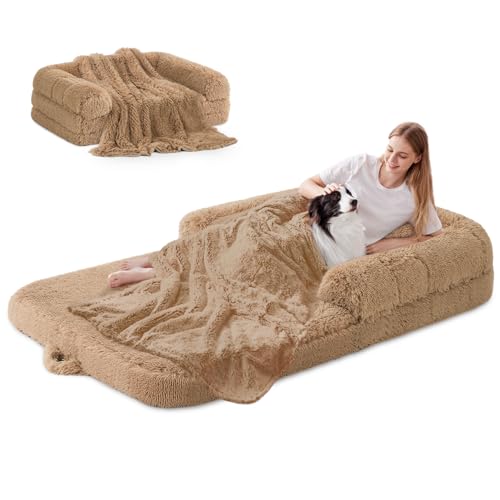 Human Dog Bed for Adult, 2 in 1 Foldable Giant Dog Bed for People Fits Pet Families, Egg Foam Supportive Mat, Waterproof Liner, Faux Fur Human Size Pet Bed with Blanket, 71"x43"x10", Camel