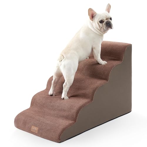 Extra Wide Dog Stairs 19.7" Width, Large Pet Step for Small Medium Dog, Puppy or Cat, Ramp for High Bed or Car, High Density Foam Ladder, Stable, 5 Step, 19.7x33x22.4 inch, Brown