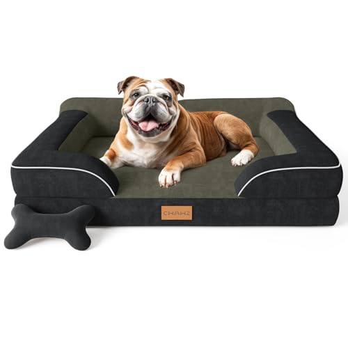 Dog Beds for Large Dogs, Orthopedic Dog Bed with Cooling Gel Memory Foam, Waterproof Large Pet Bed with Removable Washable Cover, 36" Pet Sofa Couch Dutch Velvet with Bone Toy, Black